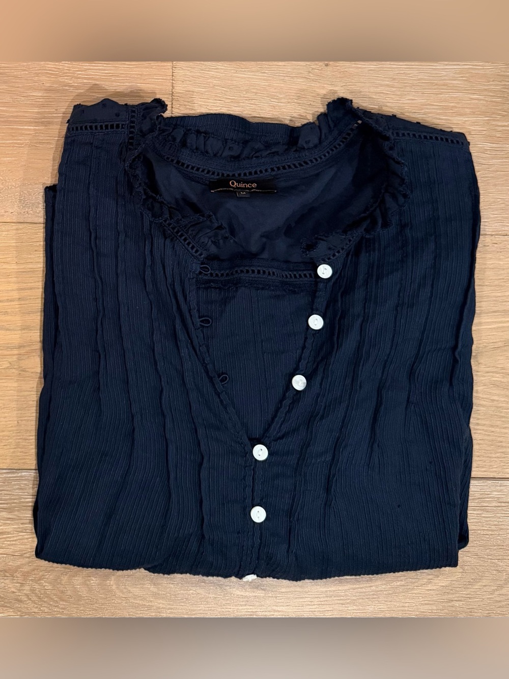 QUINCE Organic Cotton Textured Navy Blue Peasant Blouse Size M - Picture 6 of 10